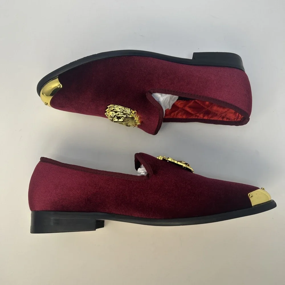 Erphpre Paul Men's Luxury Velvet Loafers – Burgundy/Gold – Size 7 Gold Lion NIB